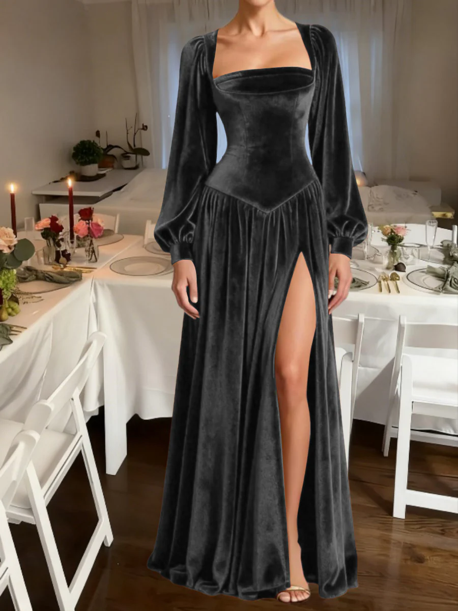 A-Line/Princess Square Neck Velvet Floor-Length Formal Dresses with Long Sleeve