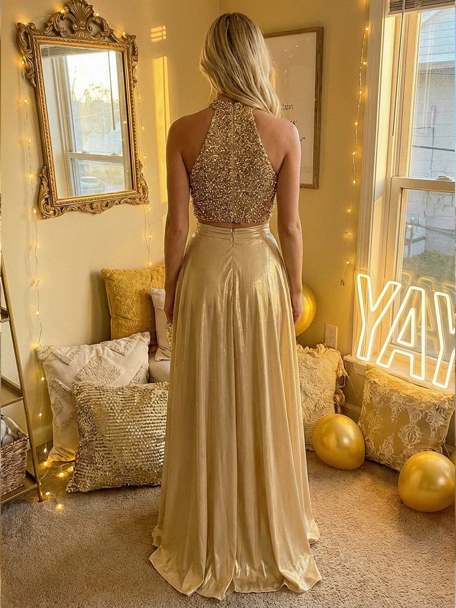 Stunning Two-Piece Metallic Gold Evening Gown
