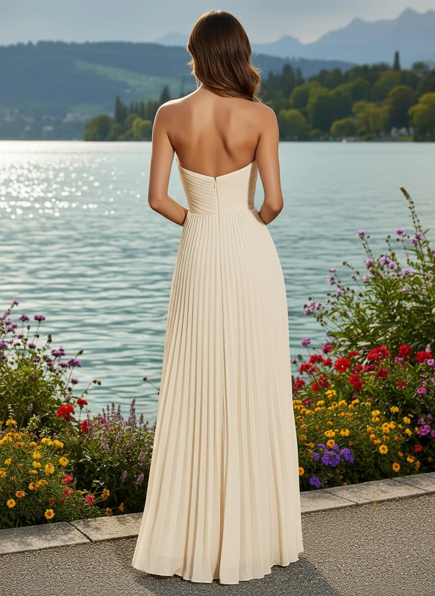 Strapless Chiffon A-Line/Princess Pleated Formal Dresses with Slit & Ruffles