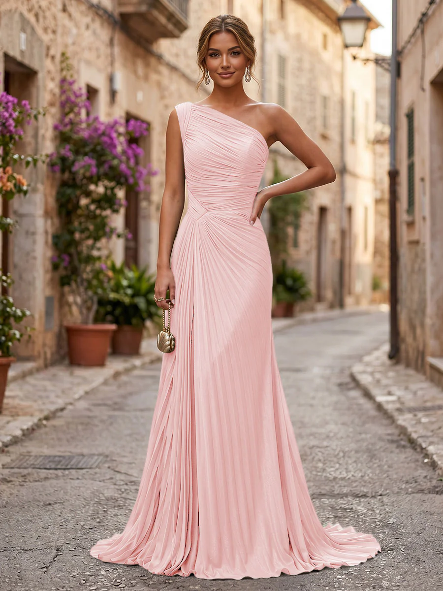 Chiffon A-Line/Princess One Shoulder Floor-Length Formal Dresses with Pleats