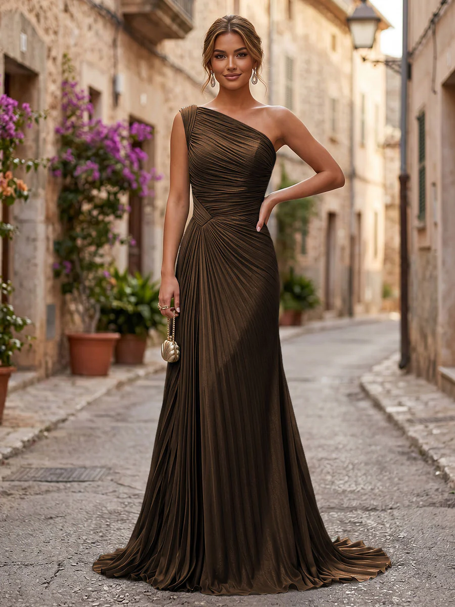 Chiffon A-Line/Princess One Shoulder Floor-Length Formal Dresses with Pleats