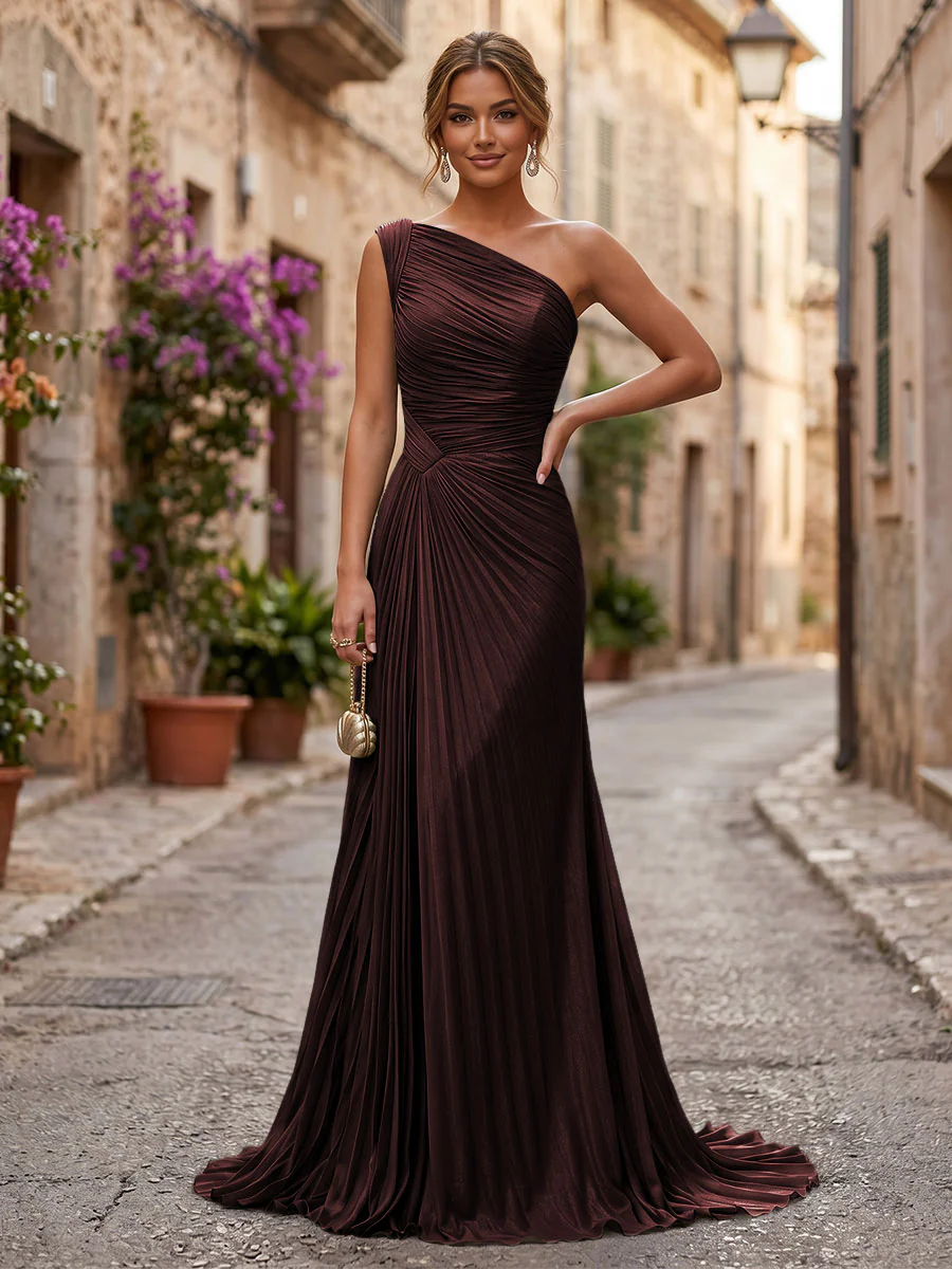 Chiffon A-Line/Princess One Shoulder Floor-Length Formal Dresses with Pleats