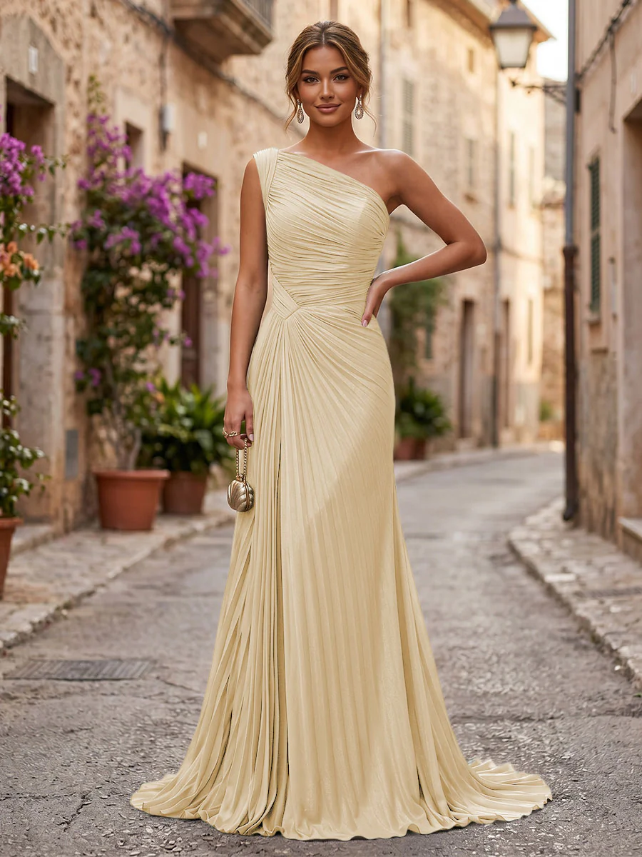 Chiffon A-Line/Princess One Shoulder Floor-Length Formal Dresses with Pleats