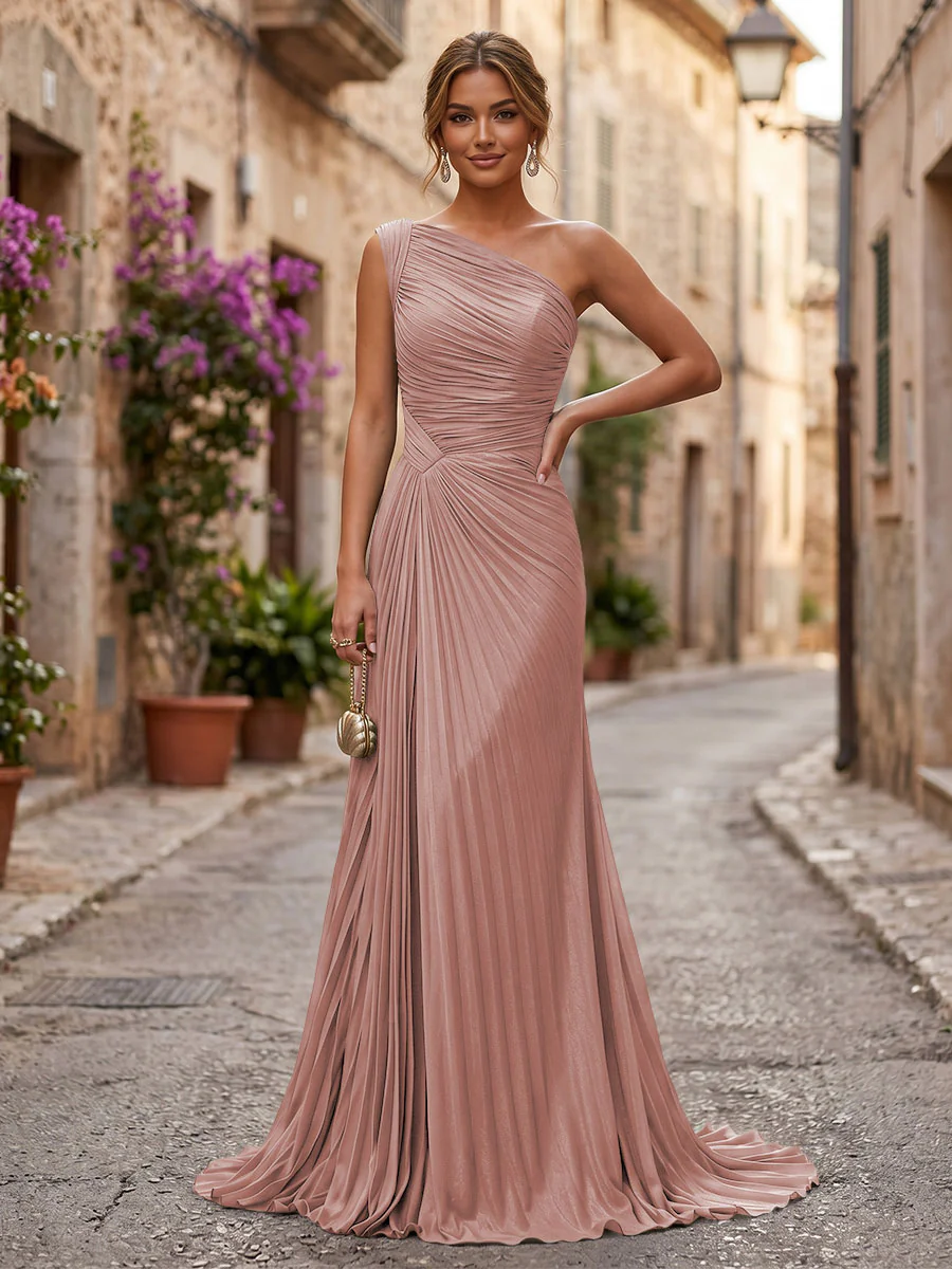Chiffon A-Line/Princess One Shoulder Floor-Length Formal Dresses with Pleats