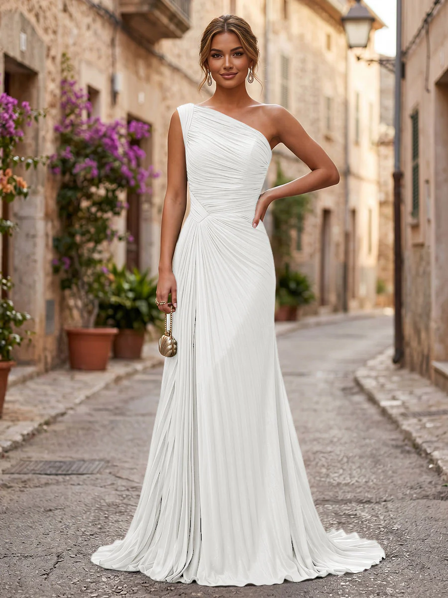 Chiffon A-Line/Princess One Shoulder Floor-Length Formal Dresses with Pleats
