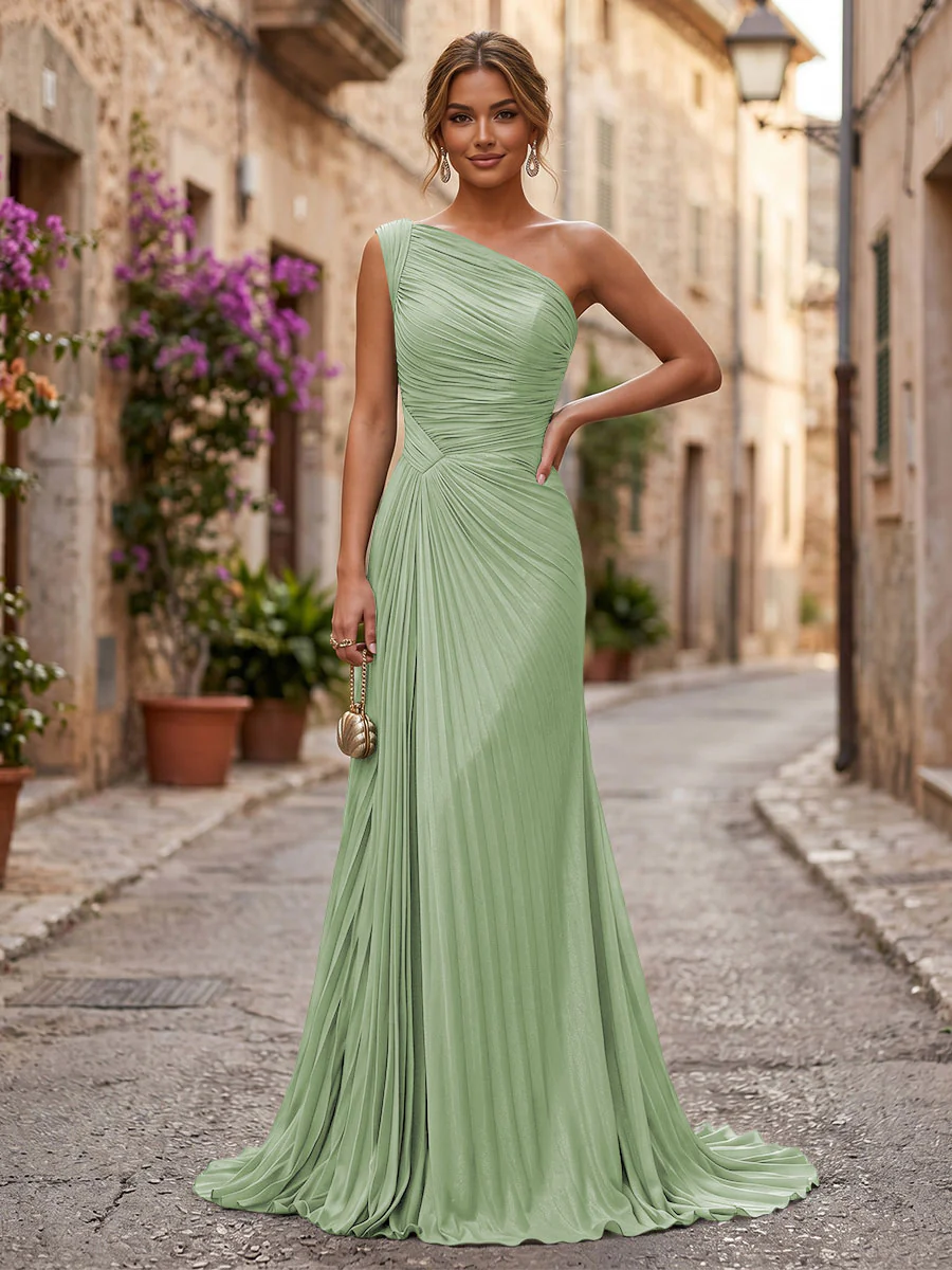 Chiffon A-Line/Princess One Shoulder Floor-Length Formal Dresses with Pleats