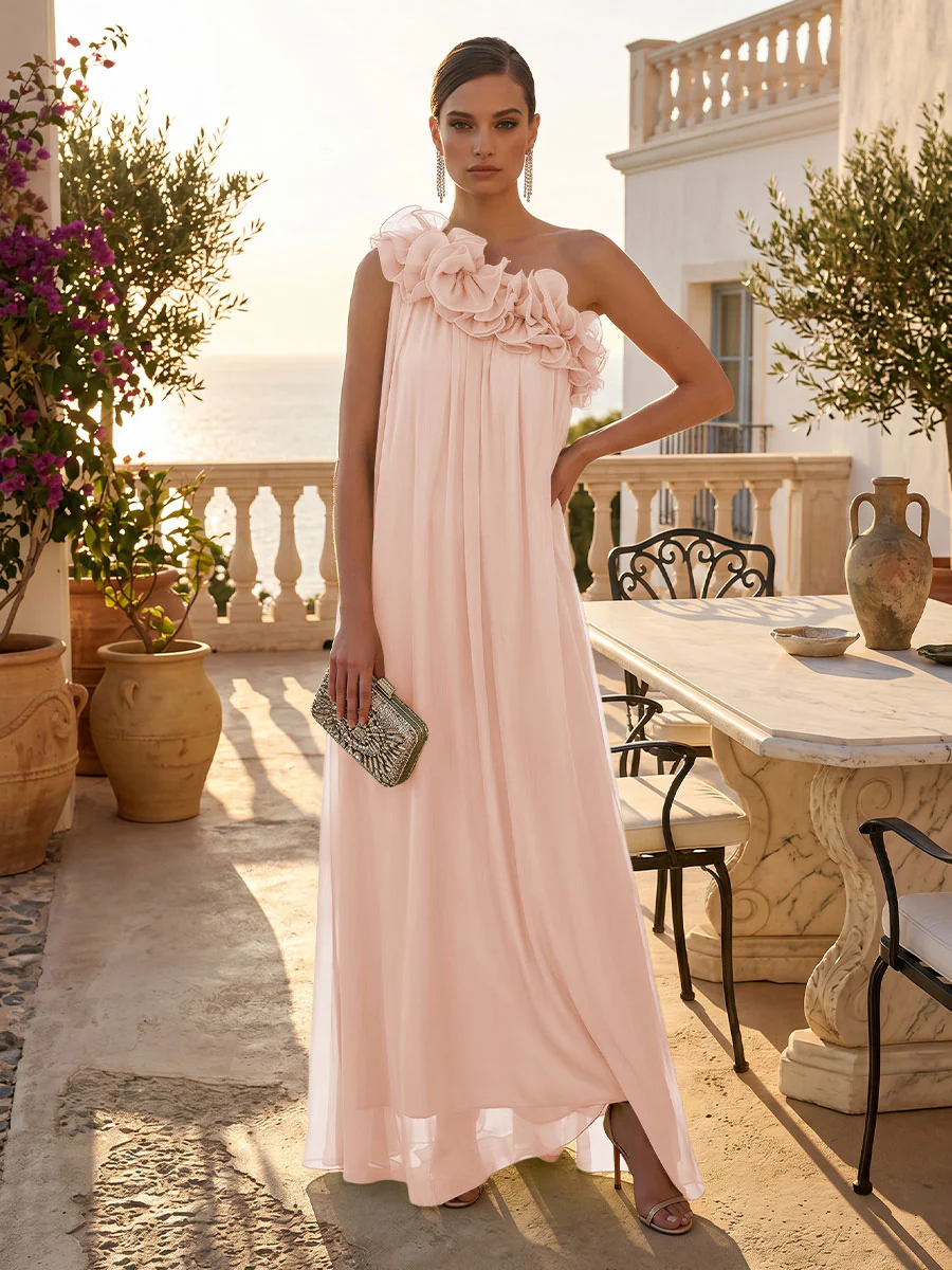 Chiffon A-Line/Princess One Shoulder Floor-Length Formal Dresses with Pleats