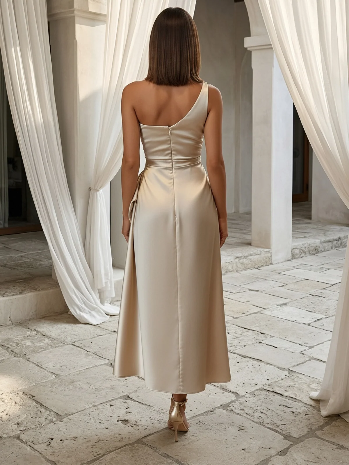 One-Shoulder Draped Satin Midi Dress