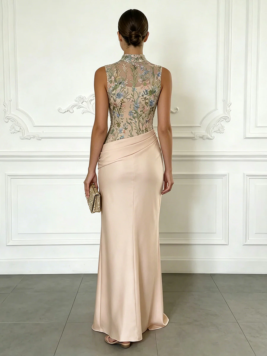 Sheath/Column Elegant Cocktail Dresses Floor-Length Satin Floral Illusion Bodice