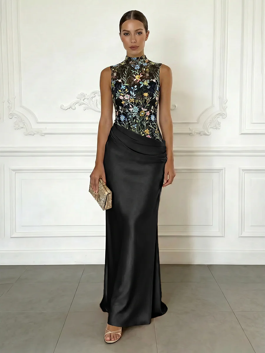Sheath/Column Elegant Cocktail Dresses Floor-Length Satin Floral Illusion Bodice