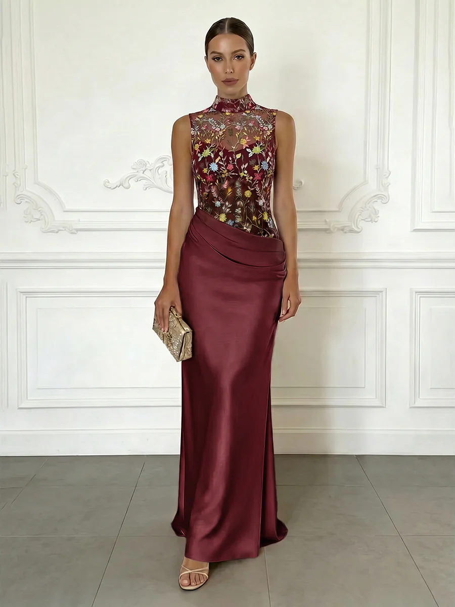 Sheath/Column Elegant Cocktail Dresses Floor-Length Satin Floral Illusion Bodice