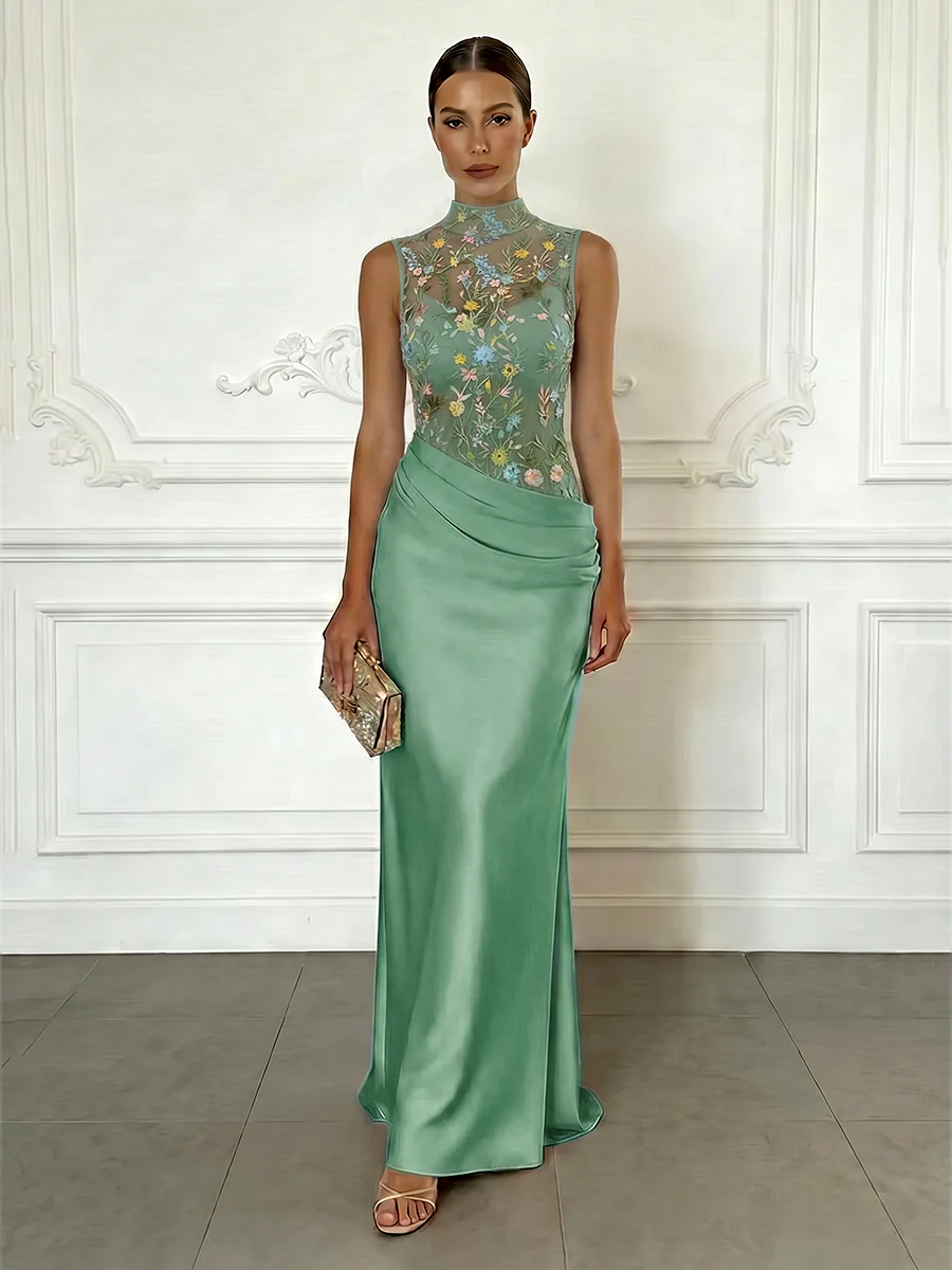 Sheath/Column Elegant Cocktail Dresses Floor-Length Satin Floral Illusion Bodice