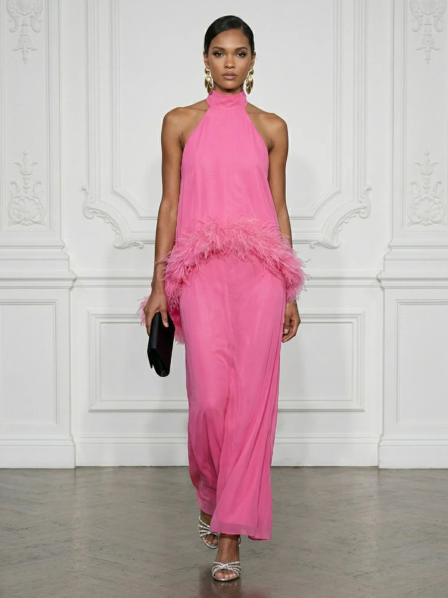 Halter Neck Feather Trim Maxi Dress