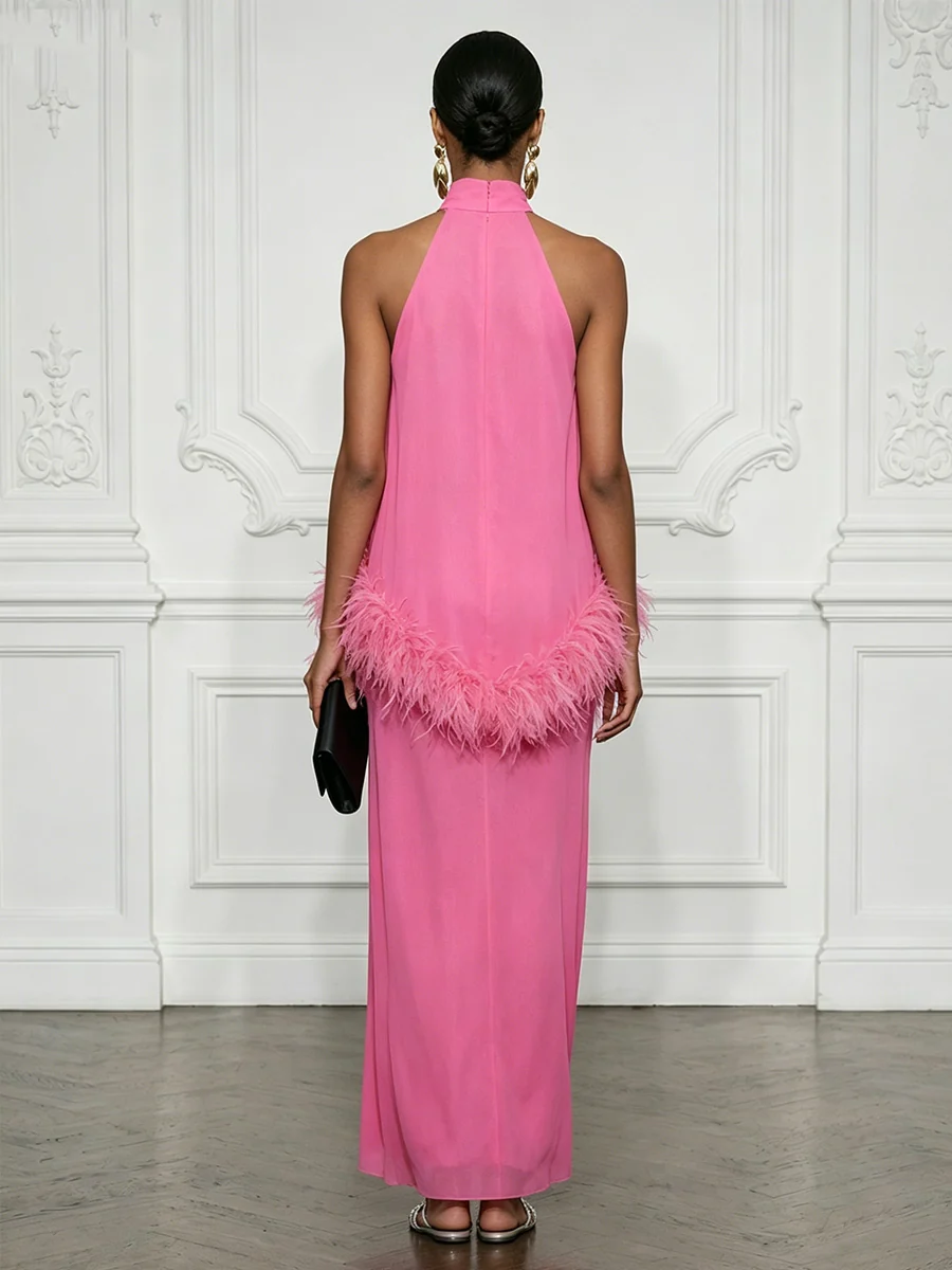 Halter Neck Feather Trim Maxi Dress