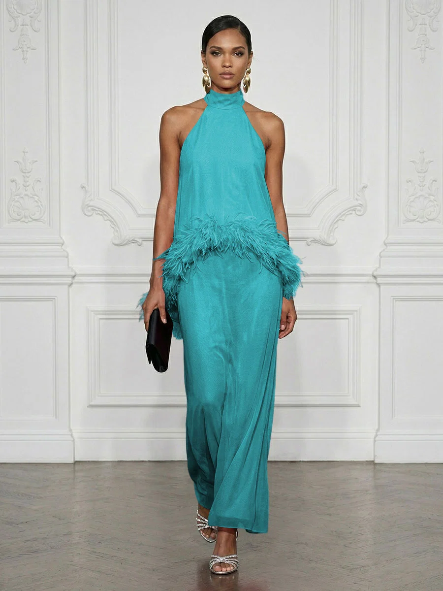 Halter Neck Feather Trim Maxi Dress