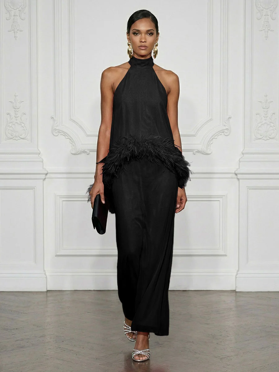 Halter Neck Feather Trim Maxi Dress