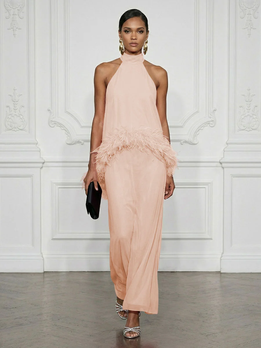 Halter Neck Feather Trim Maxi Dress