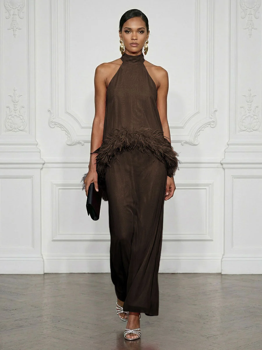 Halter Neck Feather Trim Maxi Dress