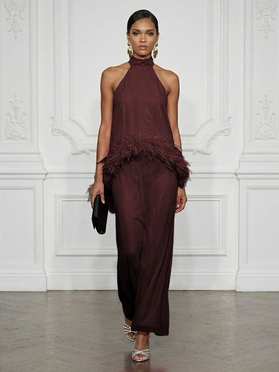 Halter Neck Feather Trim Maxi Dress