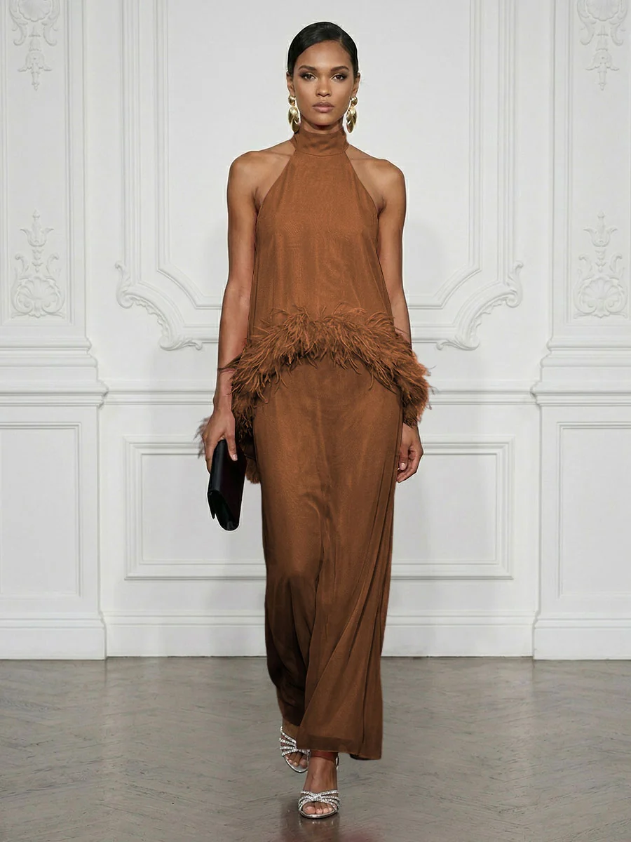 Halter Neck Feather Trim Maxi Dress