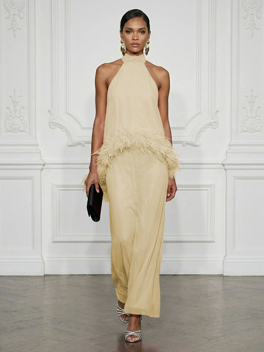 Halter Neck Feather Trim Maxi Dress