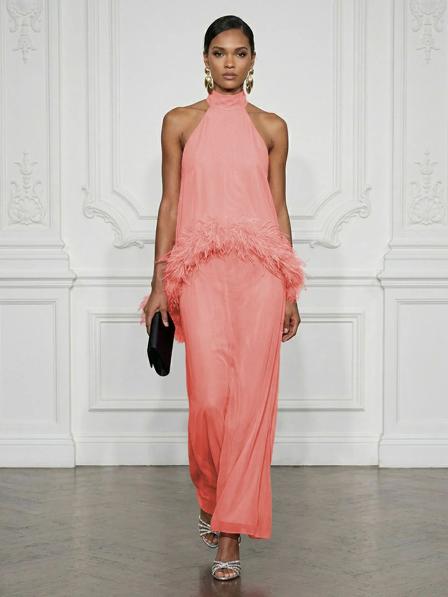 Halter Neck Feather Trim Maxi Dress