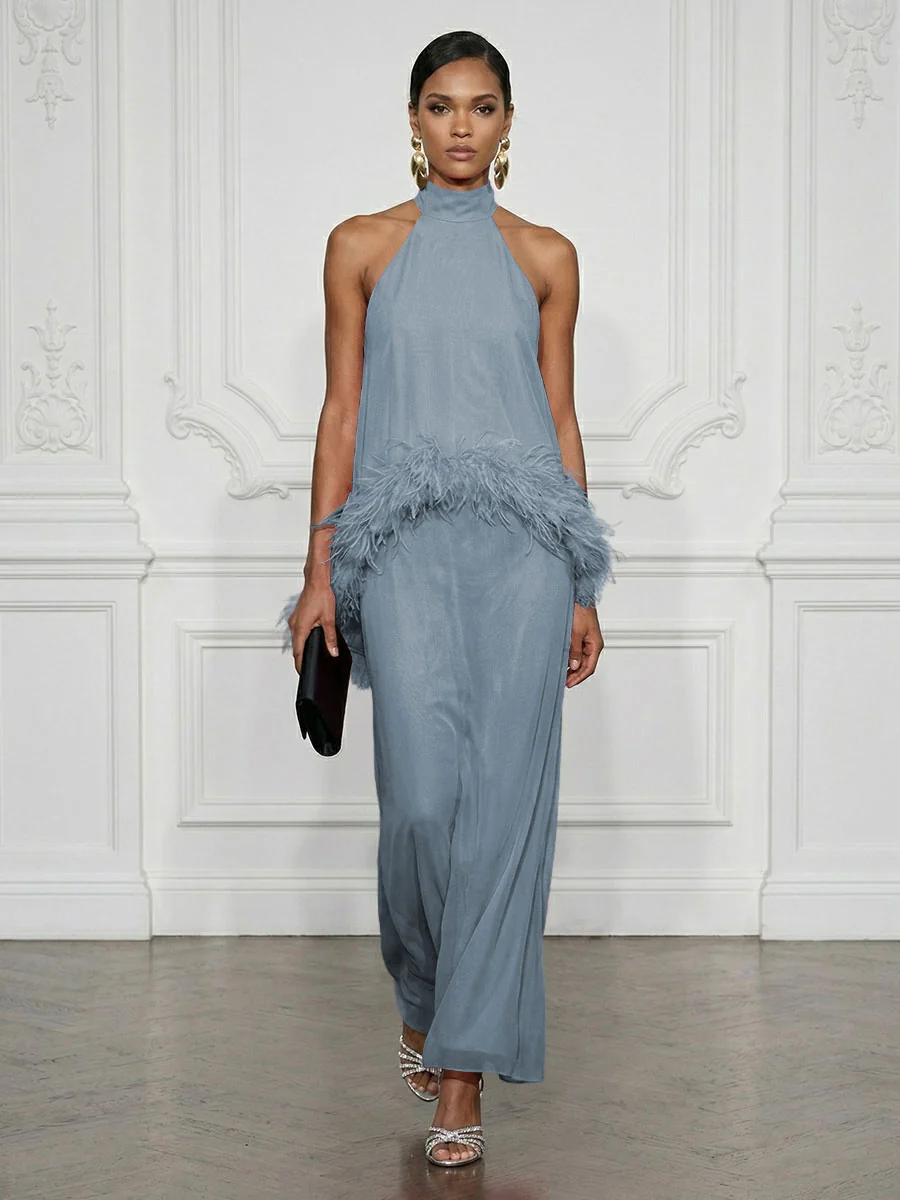 Halter Neck Feather Trim Maxi Dress