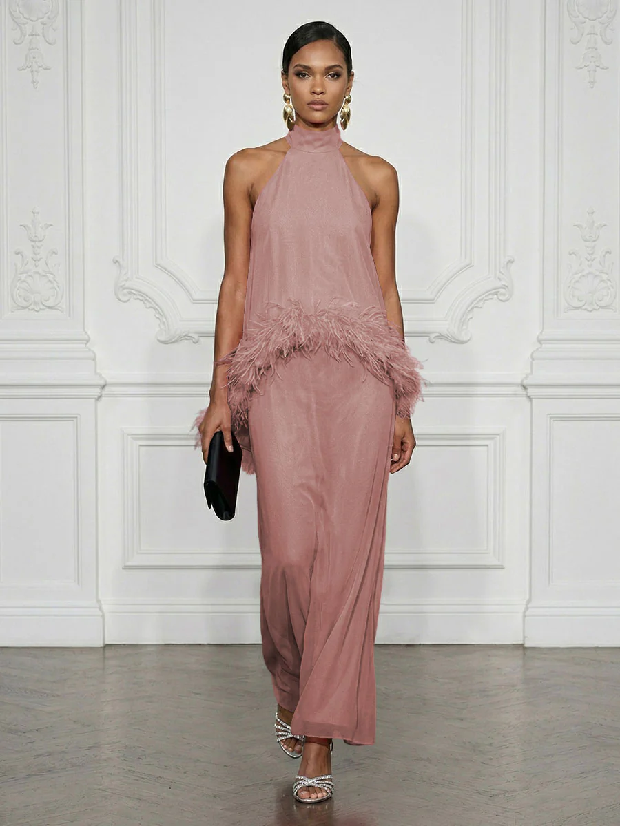 Halter Neck Feather Trim Maxi Dress