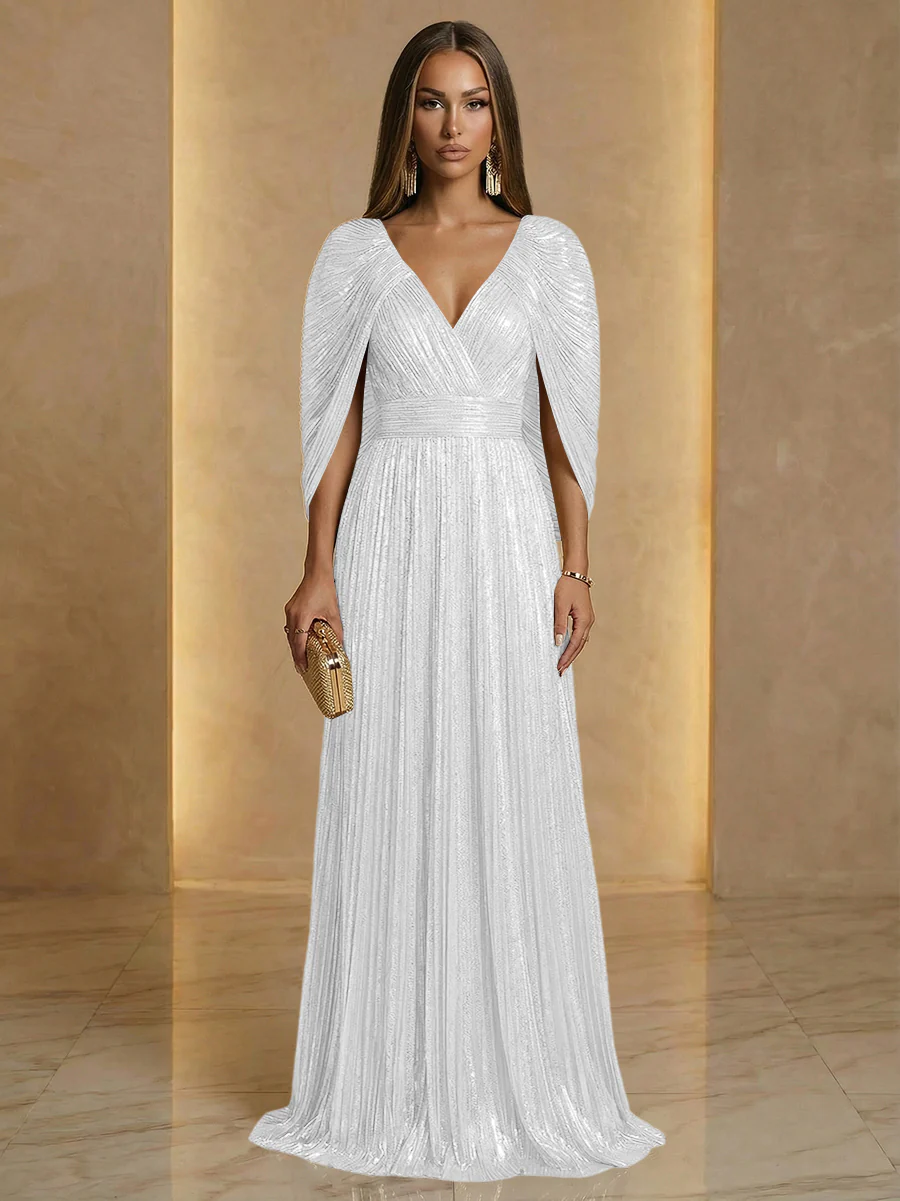 A Line V Neck Cape Sleeve Pleated Floor Length Luxurious Evening Dresses