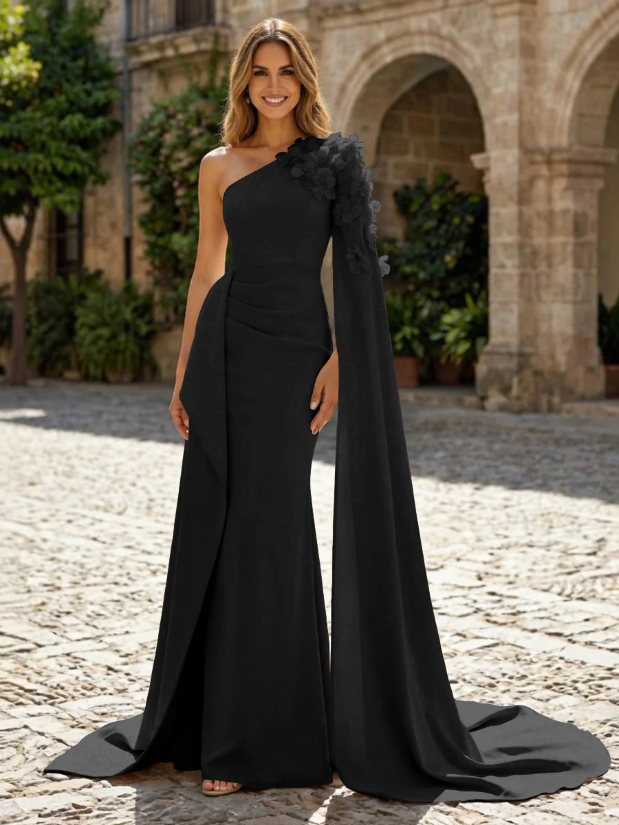 Sheath Satin One Shoulder Maxi Evening Dresses with Sweep Train & 3D Flower