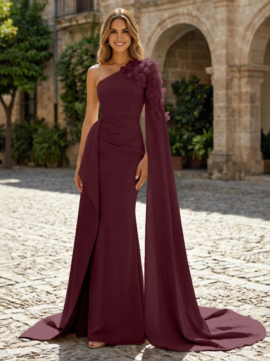 Sheath Satin One Shoulder Maxi Evening Dresses with Sweep Train & 3D Flower
