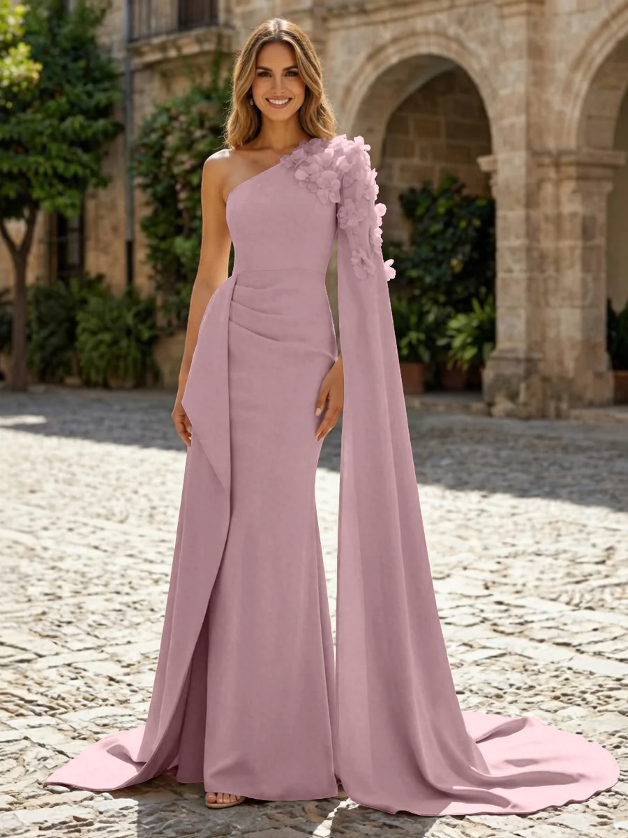 Sheath Satin One Shoulder Maxi Evening Dresses with Sweep Train & 3D Flower
