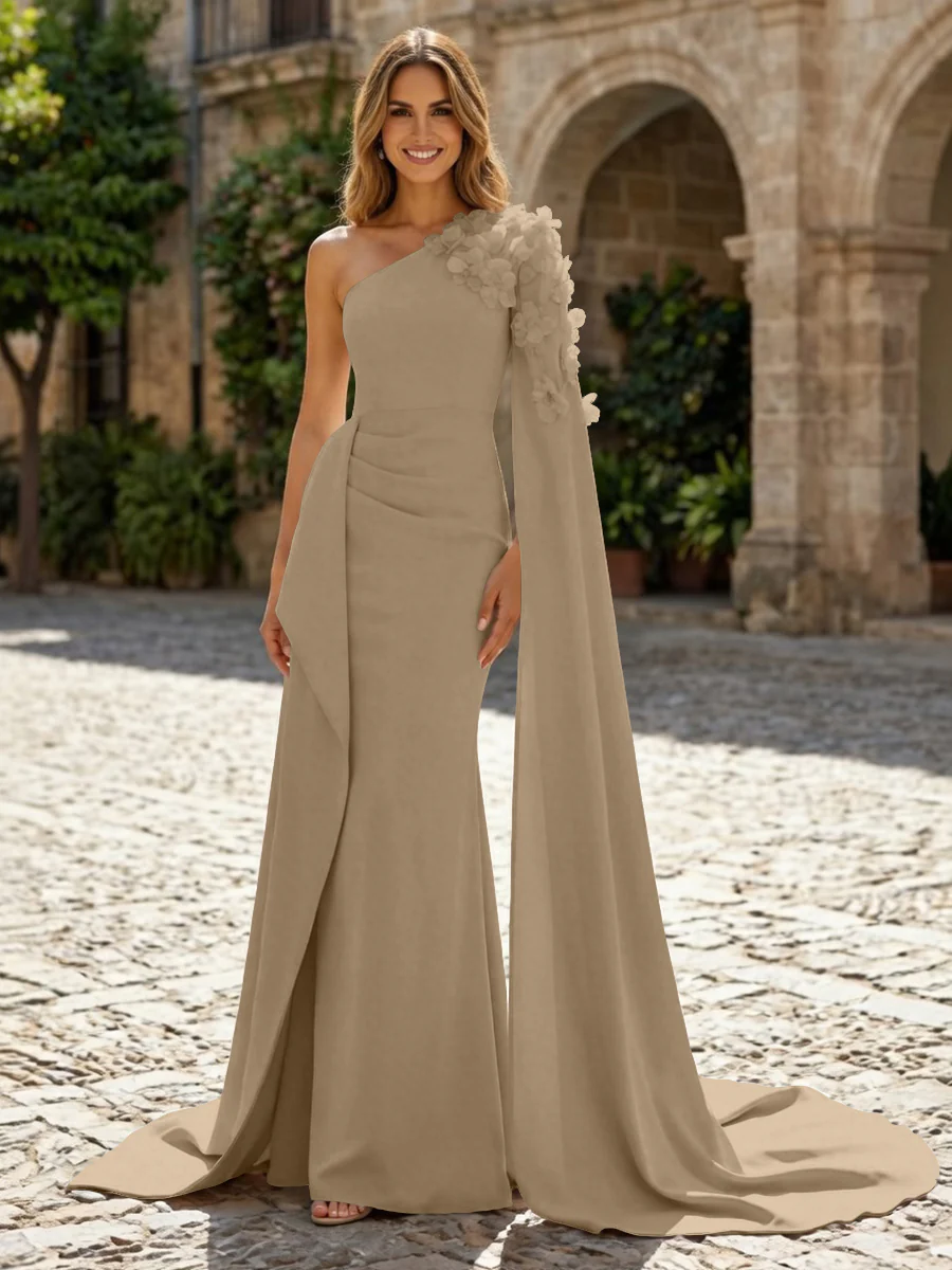 Sheath Satin One Shoulder Maxi Evening Dresses with Sweep Train & 3D Flower