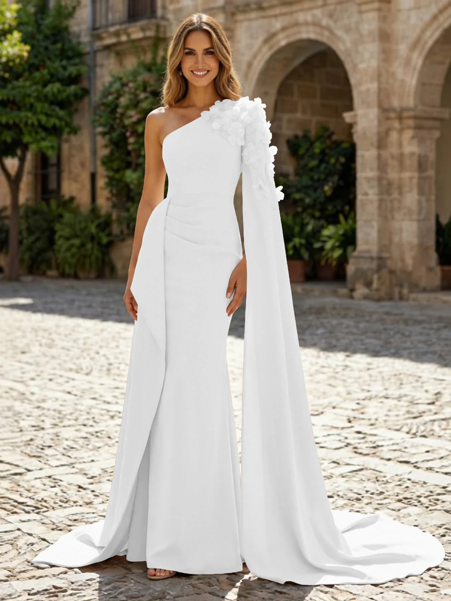 Sheath Satin One Shoulder Maxi Evening Dresses with Sweep Train & 3D Flower