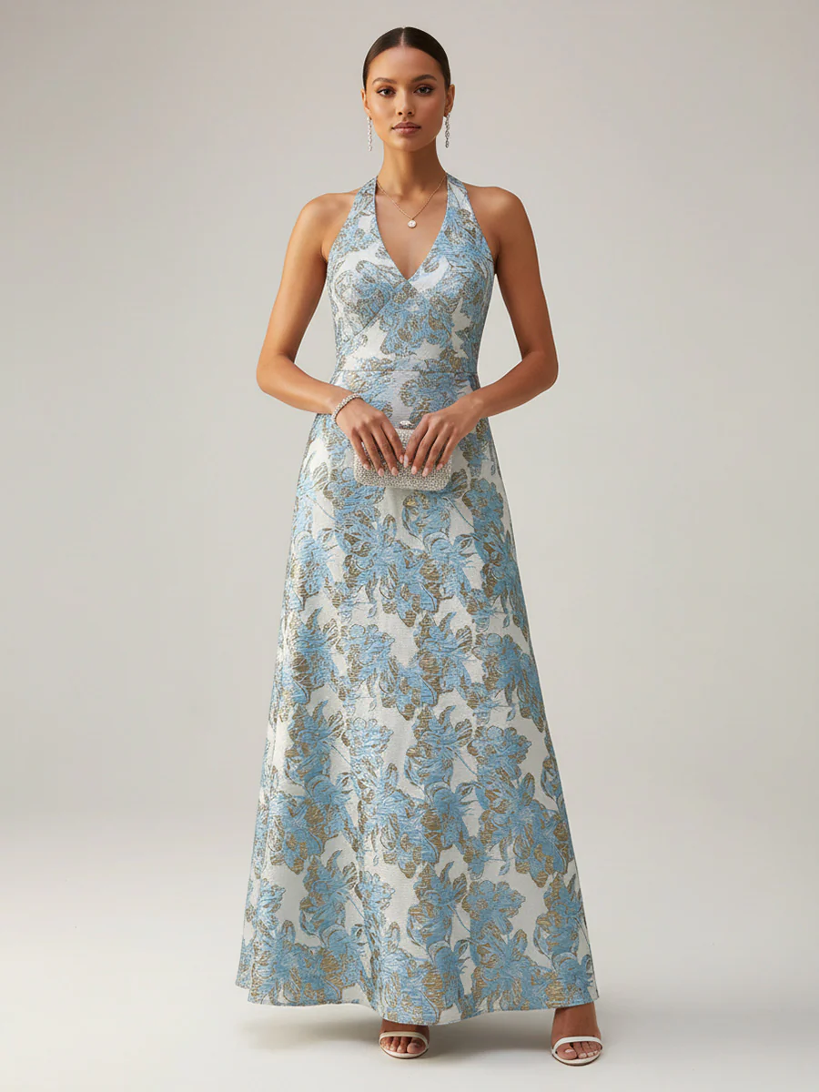 Jacquard A-Line/Princess Halter Floor-Length Evening Dresses for Women