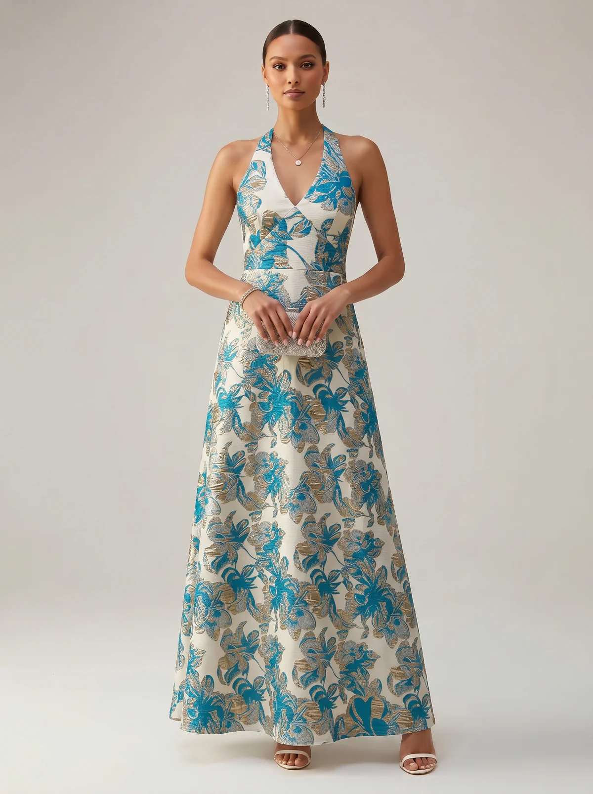Jacquard A-Line/Princess Halter Floor-Length Evening Dresses for Women