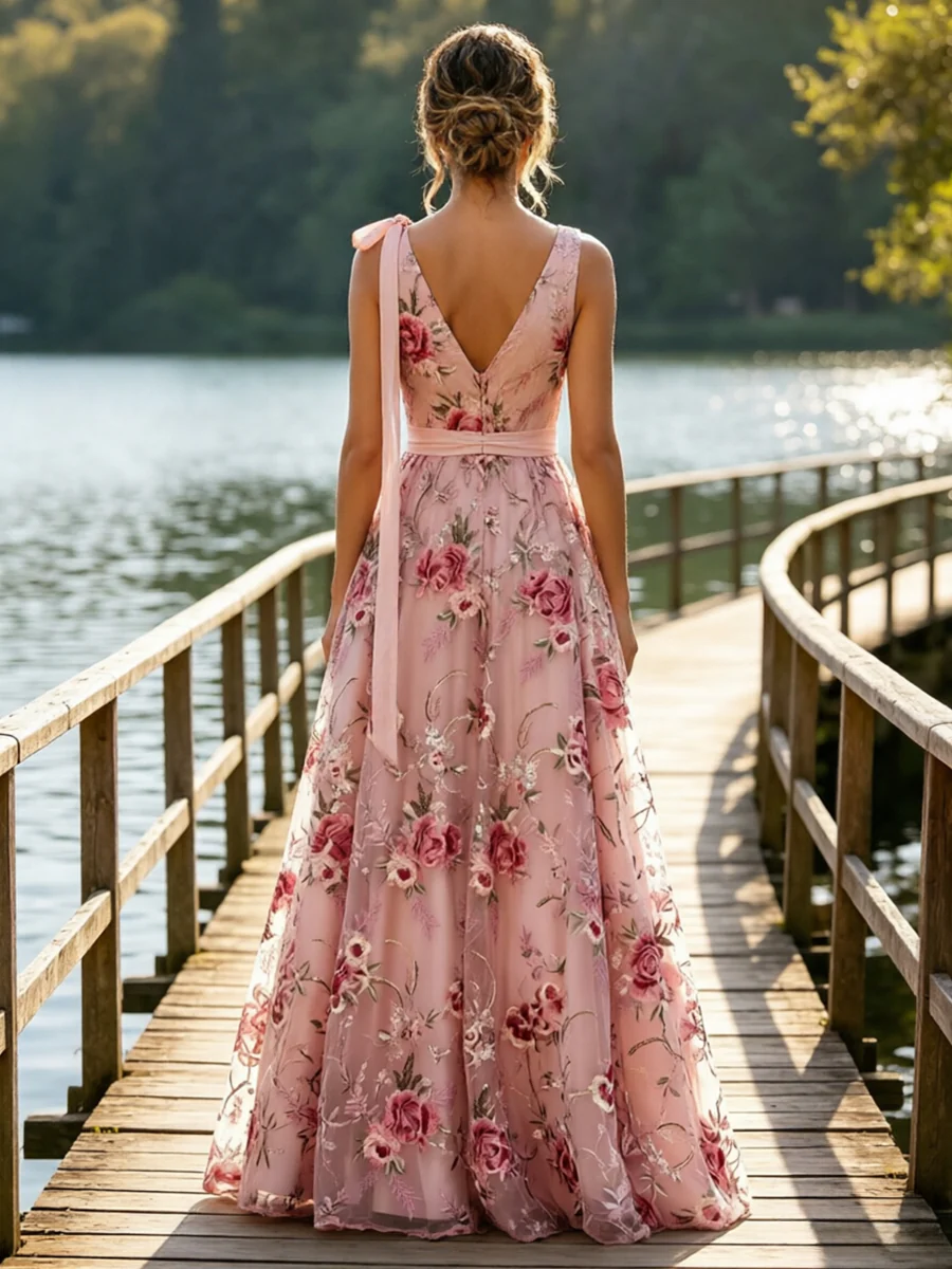 Lace A-Line/Princess V-Neck Floor-Length Evening Dresses with Floral Embroidery