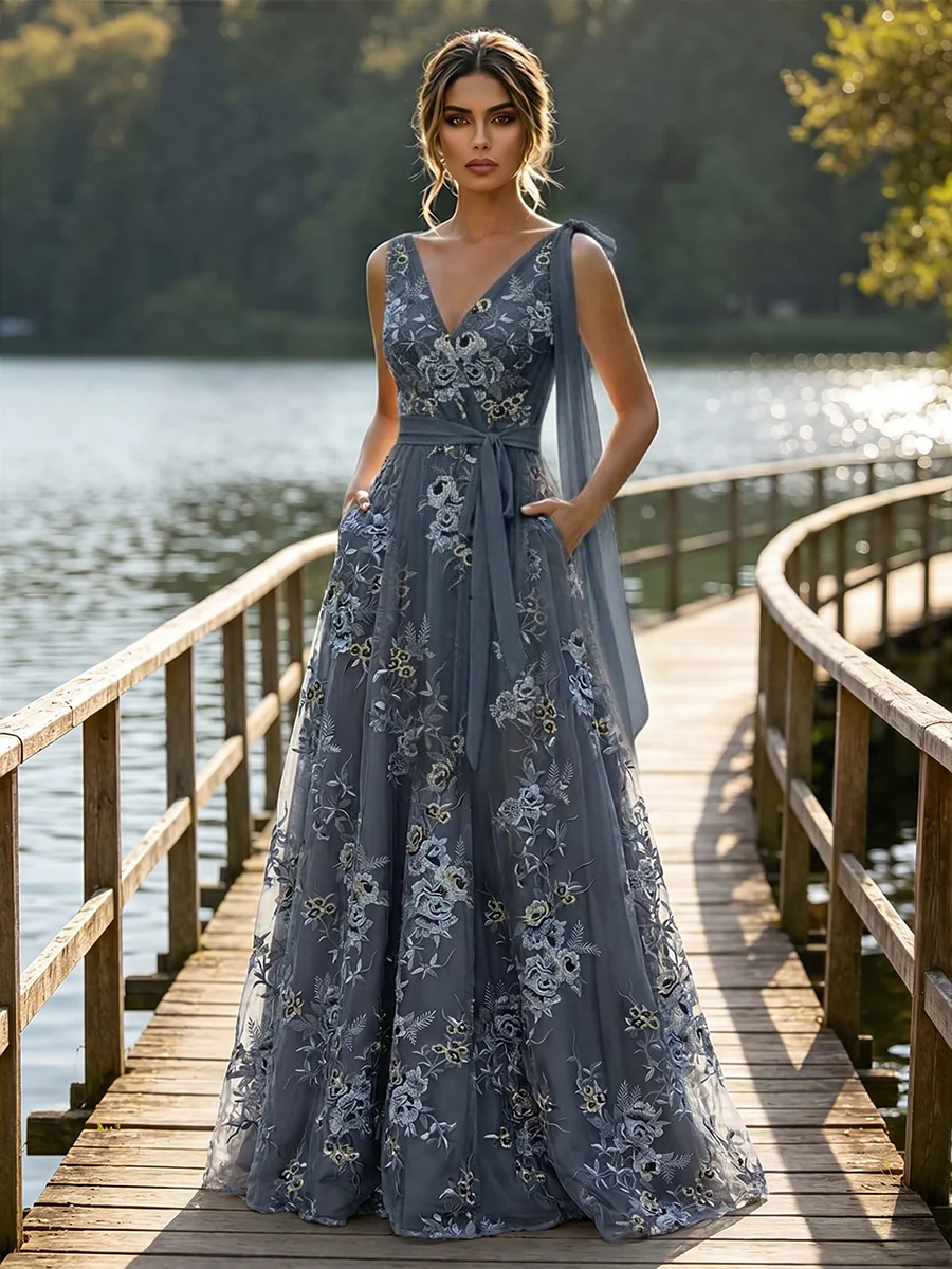 Lace A-Line/Princess V-Neck Floor-Length Evening Dresses with Floral Embroidery