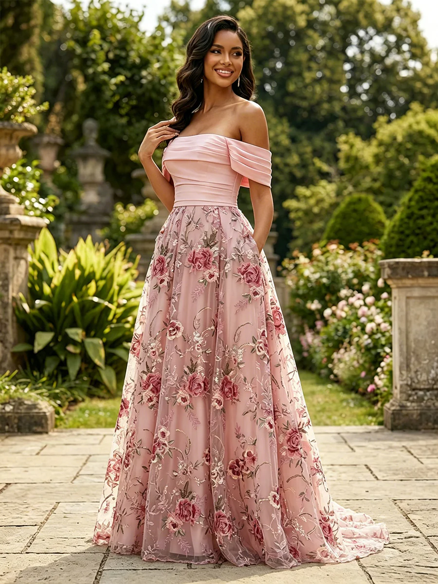 Lace A-Line/Princess Off Shoulder Floor-Length Evening Dresses with Floral Embroidery