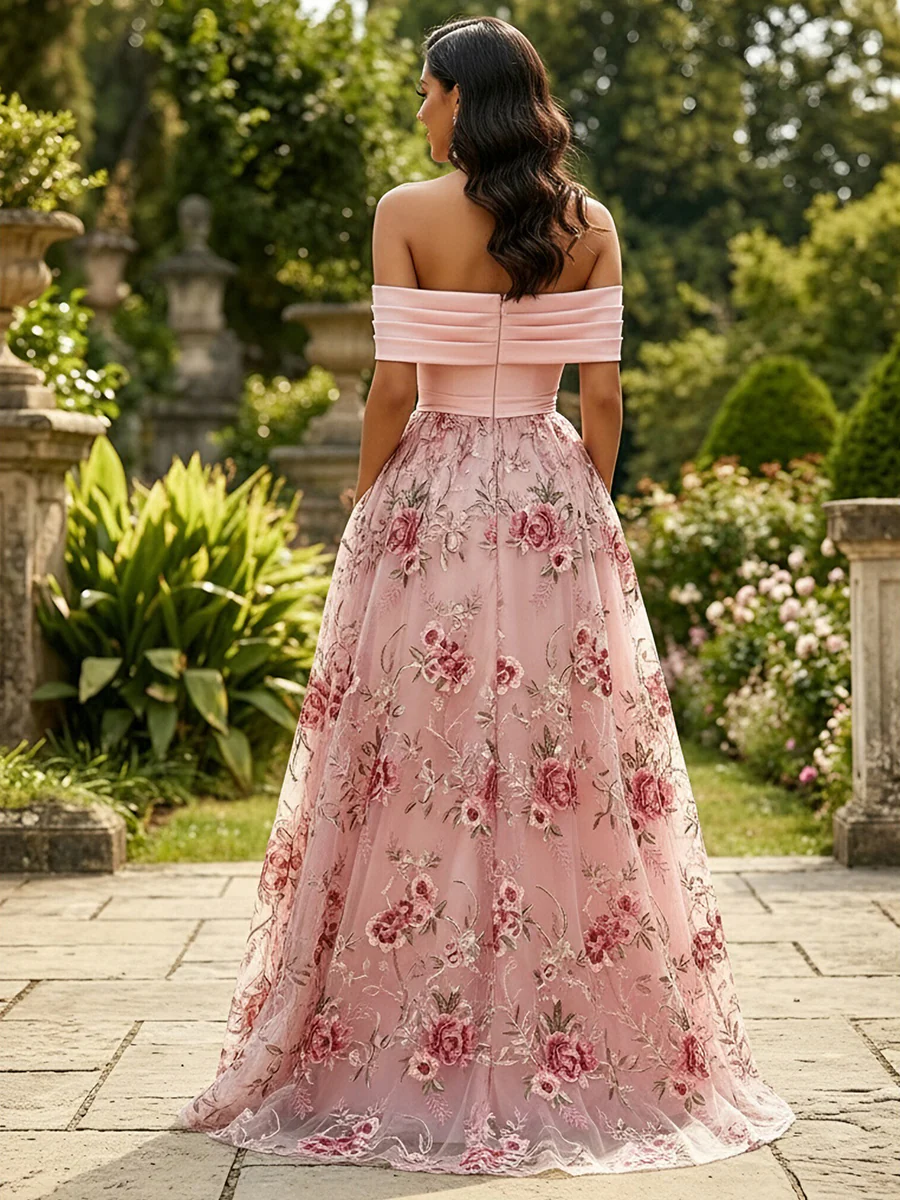 Lace A-Line/Princess Off Shoulder Floor-Length Evening Dresses with Floral Embroidery