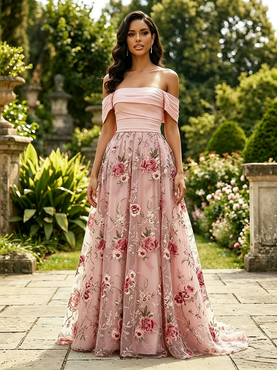Lace A-Line/Princess Off Shoulder Floor-Length Evening Dresses with Floral Embroidery