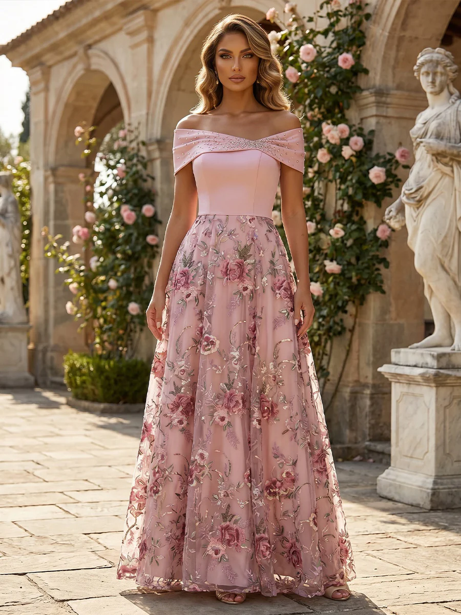 Lace A-Line/Princess Off Shoulder Floor-Length Evening Dresses with Floral Embroidery