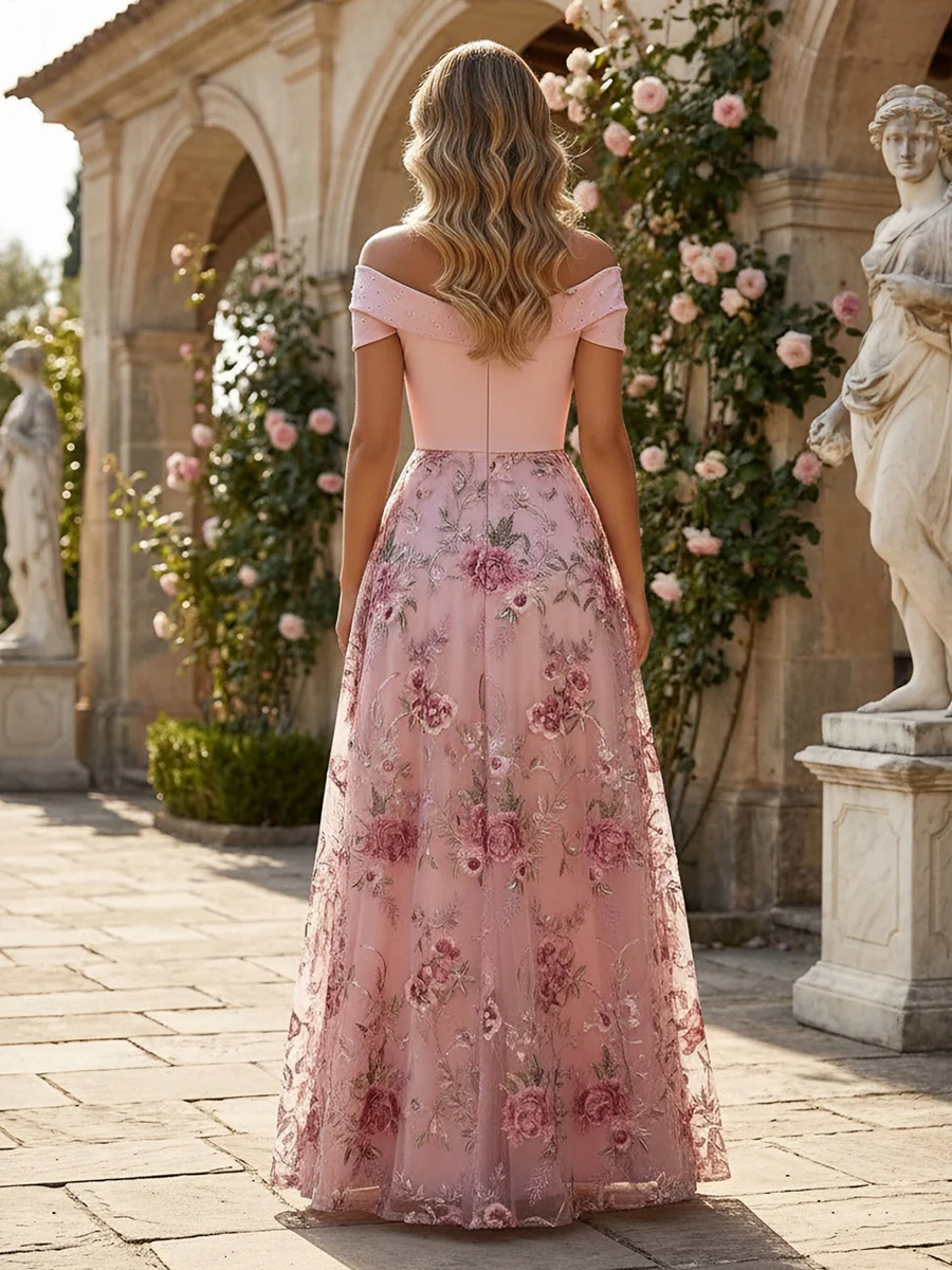Lace A-Line/Princess Off Shoulder Floor-Length Evening Dresses with Floral Embroidery