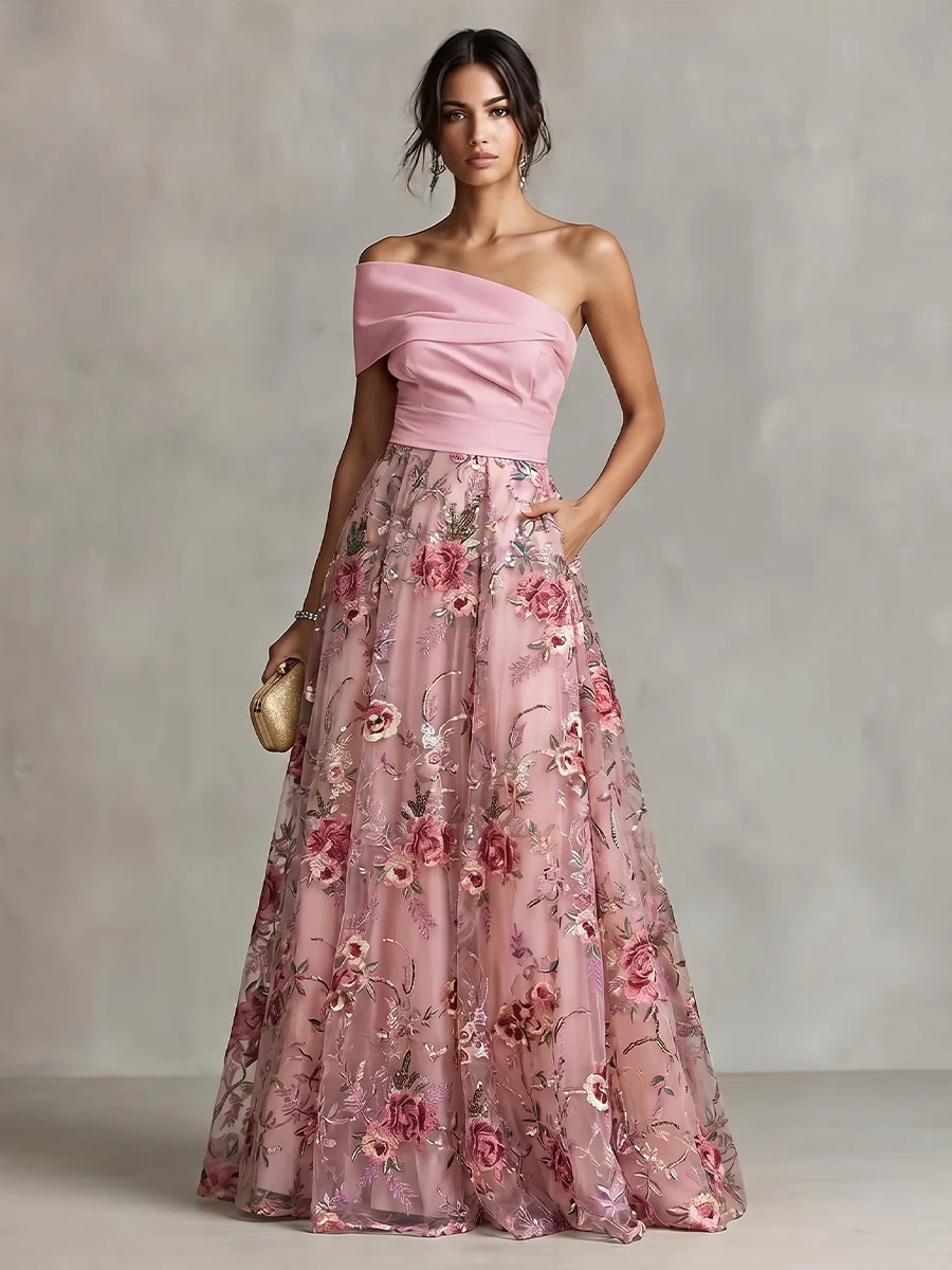 Lace A-Line/Princess One Shoulder Floor-Length Evening Dresses with Floral Embroidery