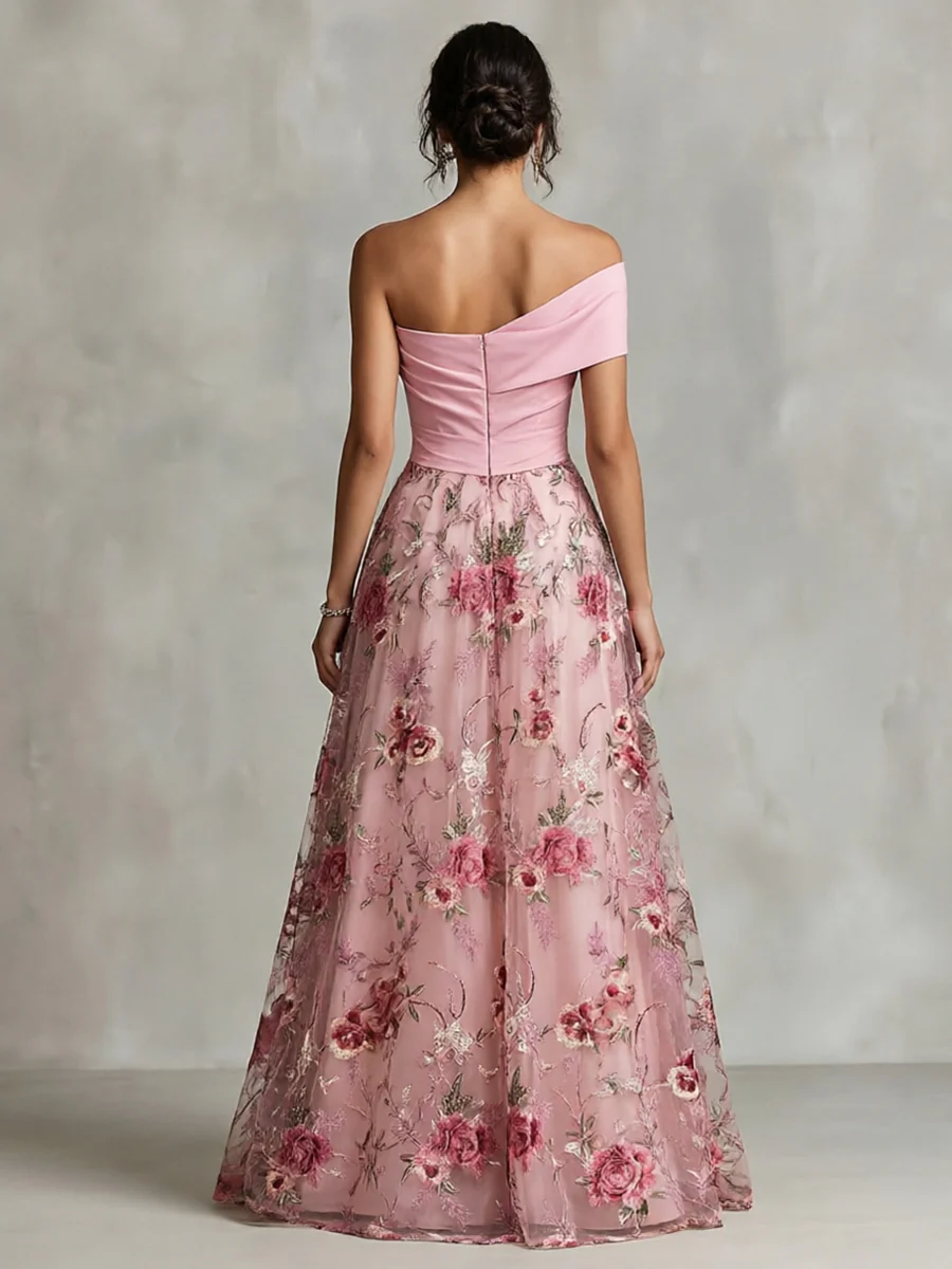 Lace A-Line/Princess One Shoulder Floor-Length Evening Dresses with Floral Embroidery