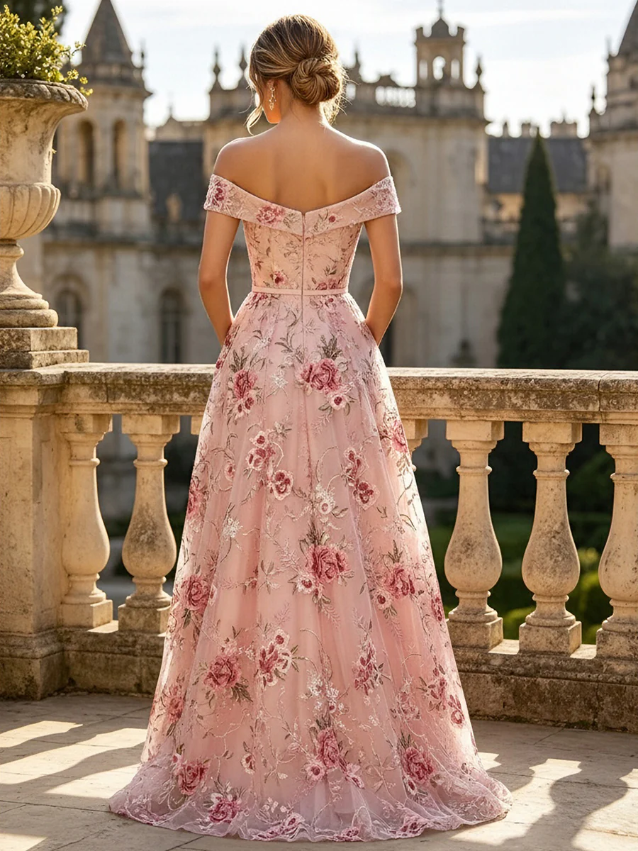 Floral Embroidery A-Line/Princess Off Shoulder Floor-Length Evening Dresses with Slit