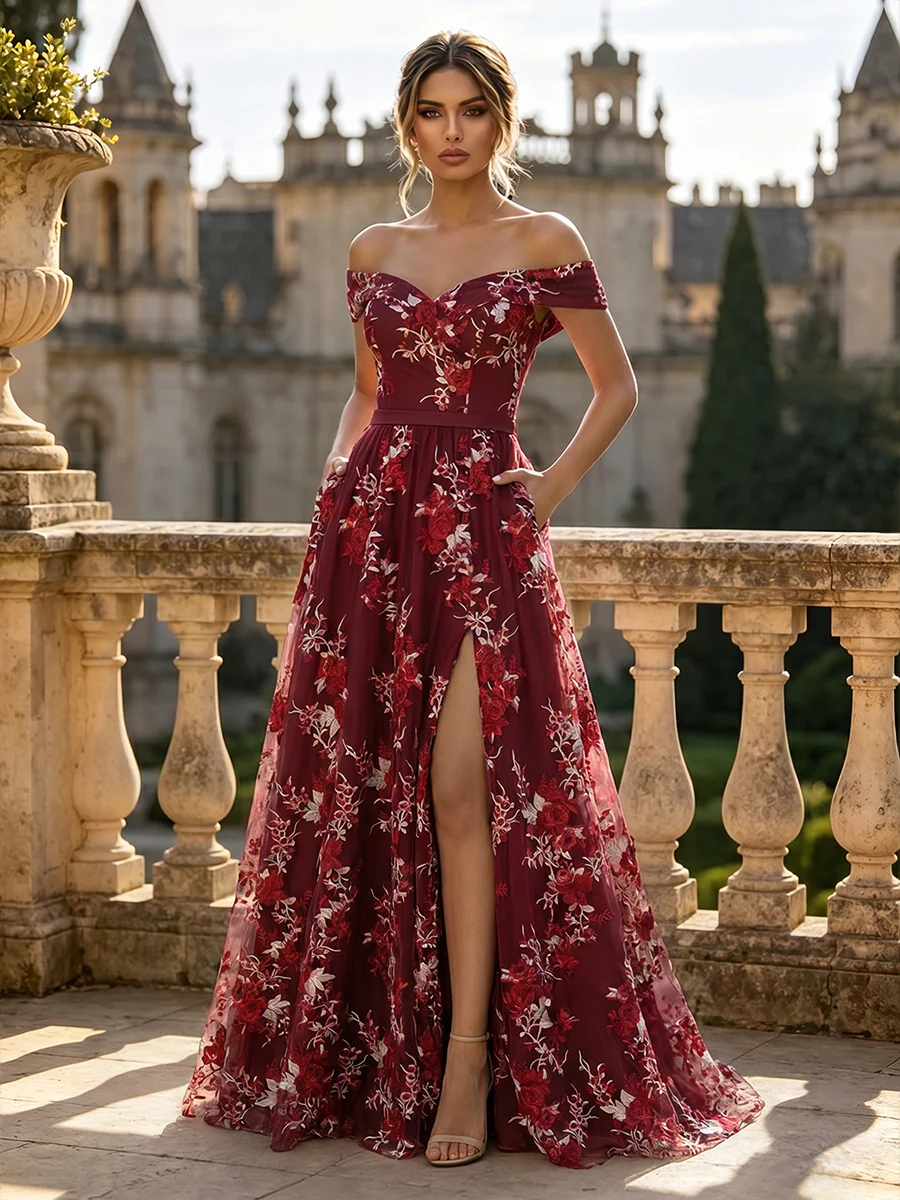 Floral Embroidery A-Line/Princess Off Shoulder Floor-Length Evening Dresses with Slit
