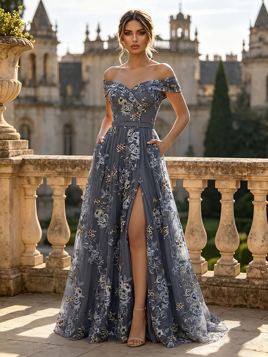Floral Embroidery A-Line/Princess Off Shoulder Floor-Length Evening Dresses with Slit