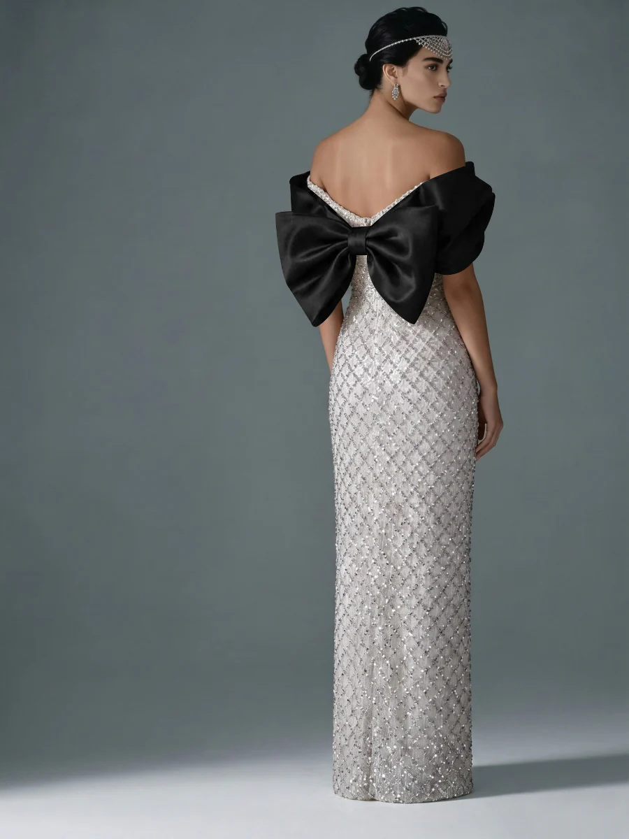 Sheath/Column Off Shoulder Sequin Floor-Length Evening Dresses with Asymmetrical Sleeve & Bow