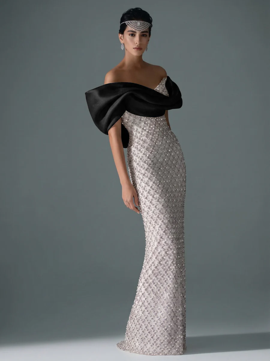 Sheath/Column Off Shoulder Sequin Floor-Length Evening Dresses with Asymmetrical Sleeve & Bow